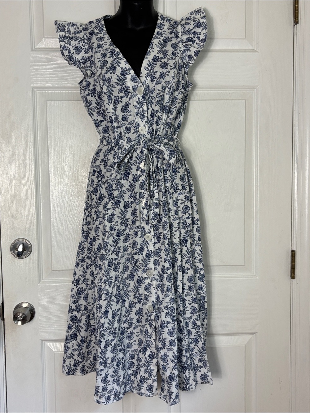 TOMMY HILFIGER white blue linen blend midi dress flutter sleeve tie waist size 2